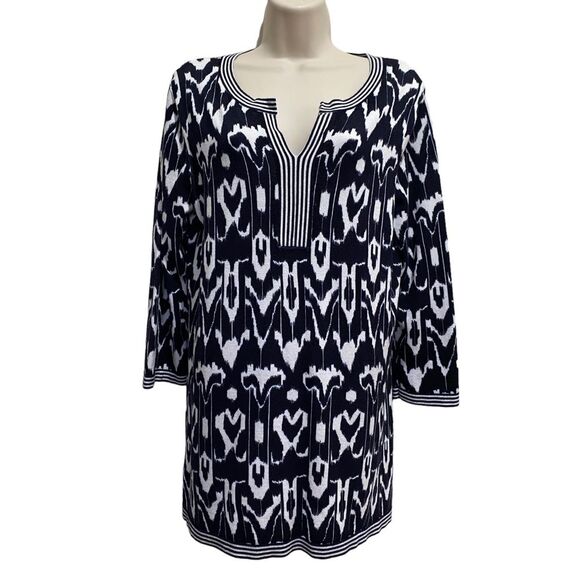 Chicos Soft Tunic Abstract Print Stripe Accent Sweater Chicos Sz 2 (L/12) - Picture 1 of 11
